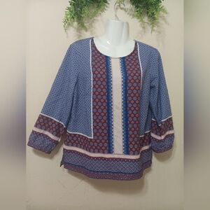 Talbots Blue and Red Boxy Blouse with Embroidery